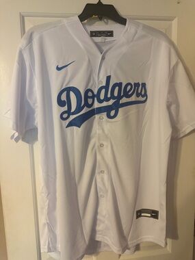 Nike White & Blue Dodgers World Series Champions Patch Jersey